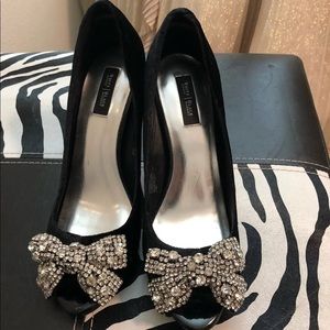 WHBM Black Jeweled Open toe pump heels